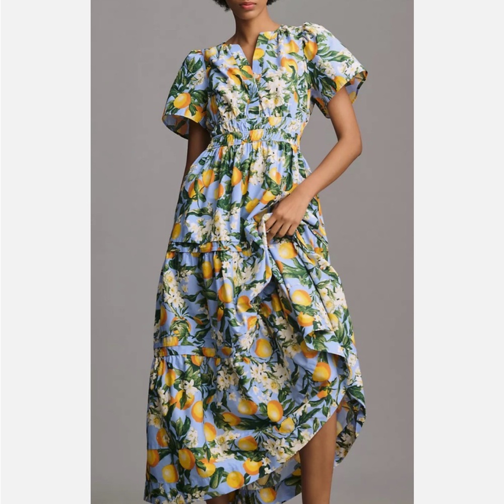 Anthropologie Blue and Yellow Lemon Print Maxi Dress